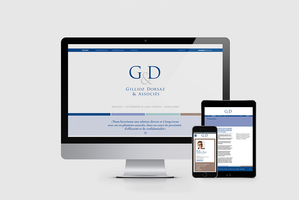 L’Atelier Schnegg+: graphistes, typographes, UI designers. Client: G&D Law. Mandat: Nouvelle identité visuelle. Conception graphique et réalisation du site web «G&D Law».